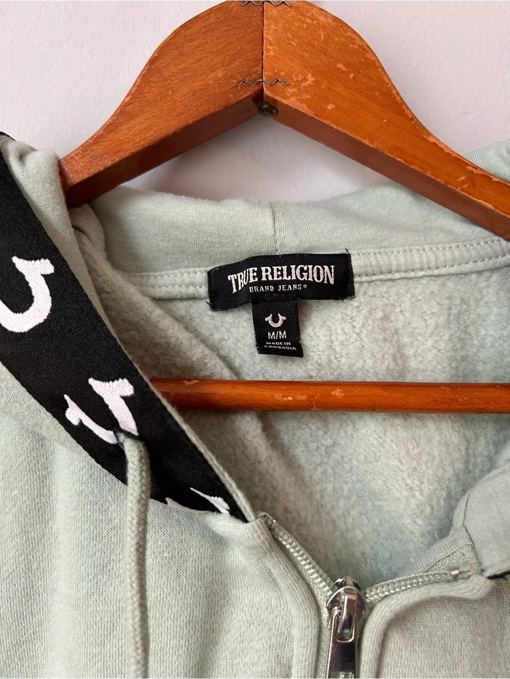TRUE RELIGION MENS LOGO TAPE TRIM FULL ZIP Green HOODED JACKET HOODIE Med